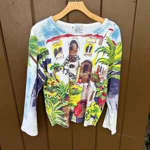 Michael Leu Top Medium Watercolor Mixed Print City Scene Wearable ART to Wear